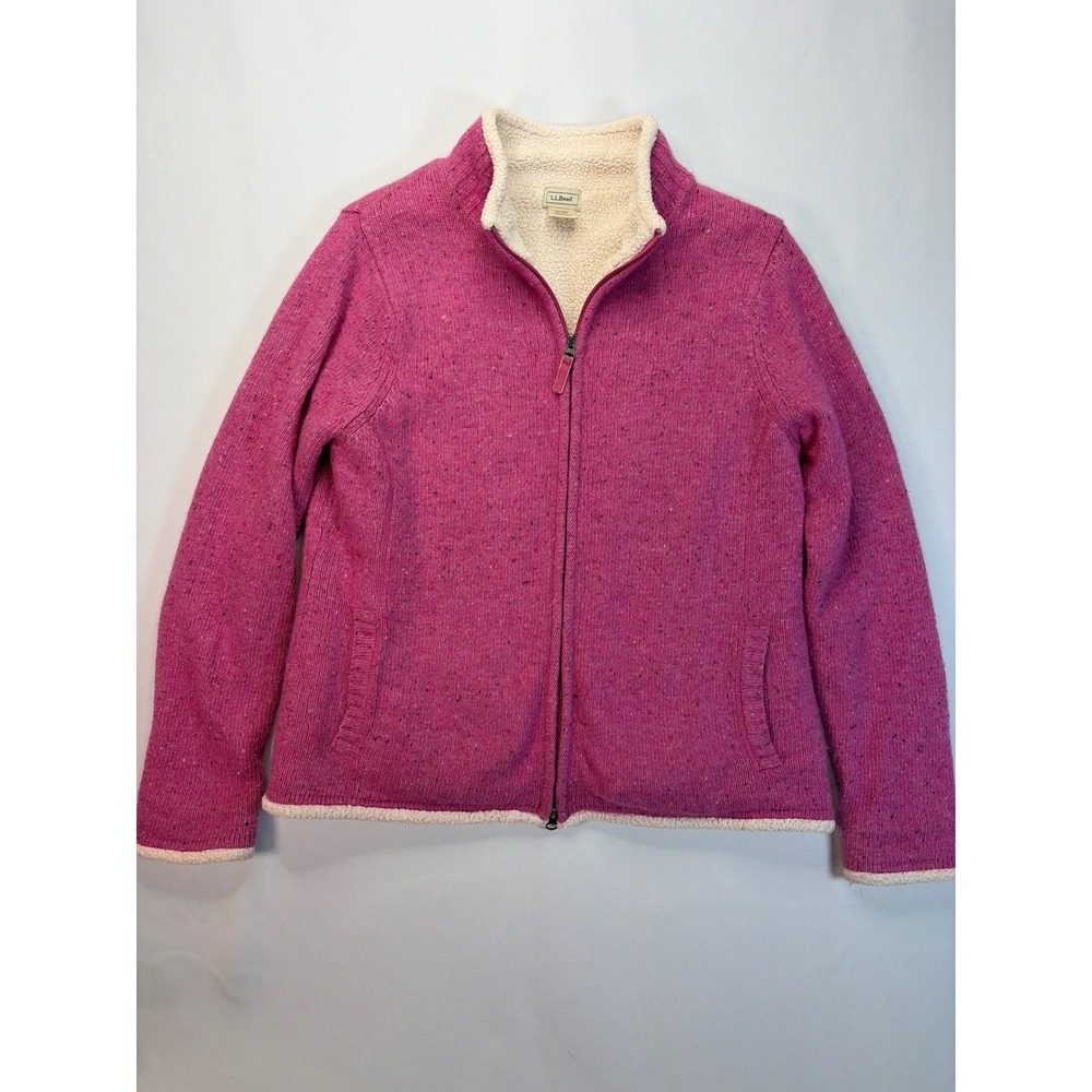 LL Bean Womens Medium Lambswool Sherpa Lined Full Zip Sweater Pink Marl 271806